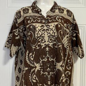 Earthbound Trading Co. Top SZ Large Vintage Brown & Cream Batik Print Aloha‎
